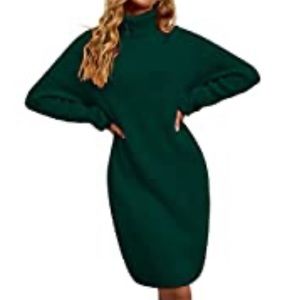 Sounity Turtleneck Long Sleeve Loose Oversize Knit Long Emerald Sweater Dress